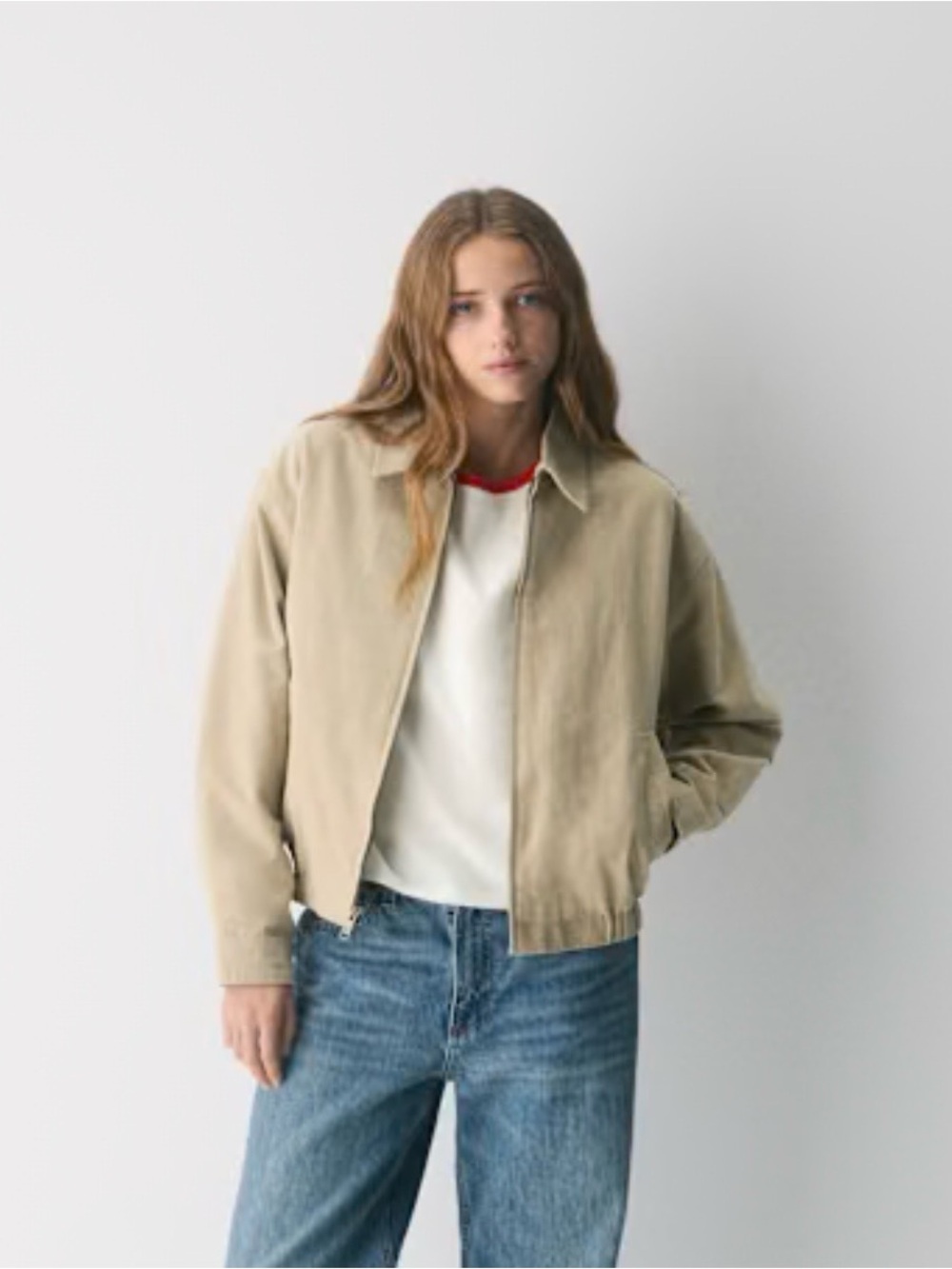 Aritzia Beige Bomber Jacket with Classic Collar